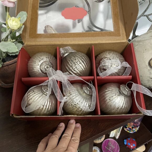 Vintage Style 4" Mercury Ribbed Glass Ornaments (6), Silver, Handcrafted, India - Picture 1 of 5